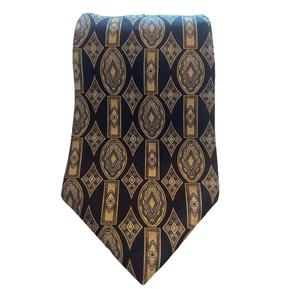 Vtg Halston Mens Tie Navy 100% Italian Silk 4” Geometric Pattern Smooth Necktie